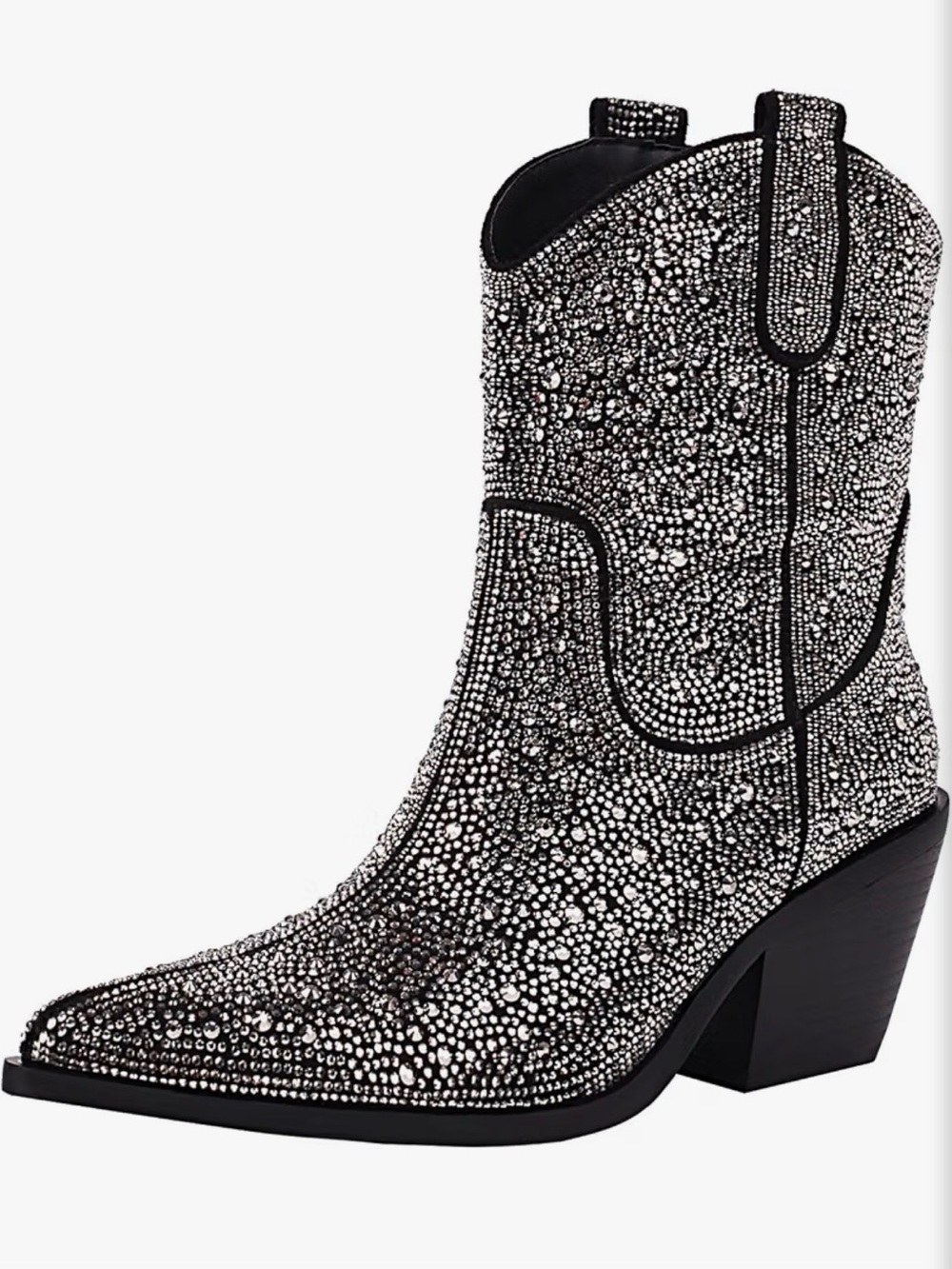 Vivianly Embellished Black Crystal Western Bootie - Women